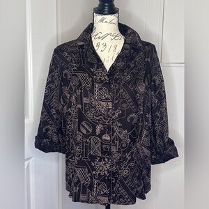 Akris Silk Chocolate Brown Button Down Shirt with Chic Pattern